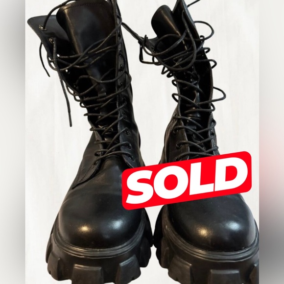 Shoes - Black Faux Leather Lace-Up Chunky Boots